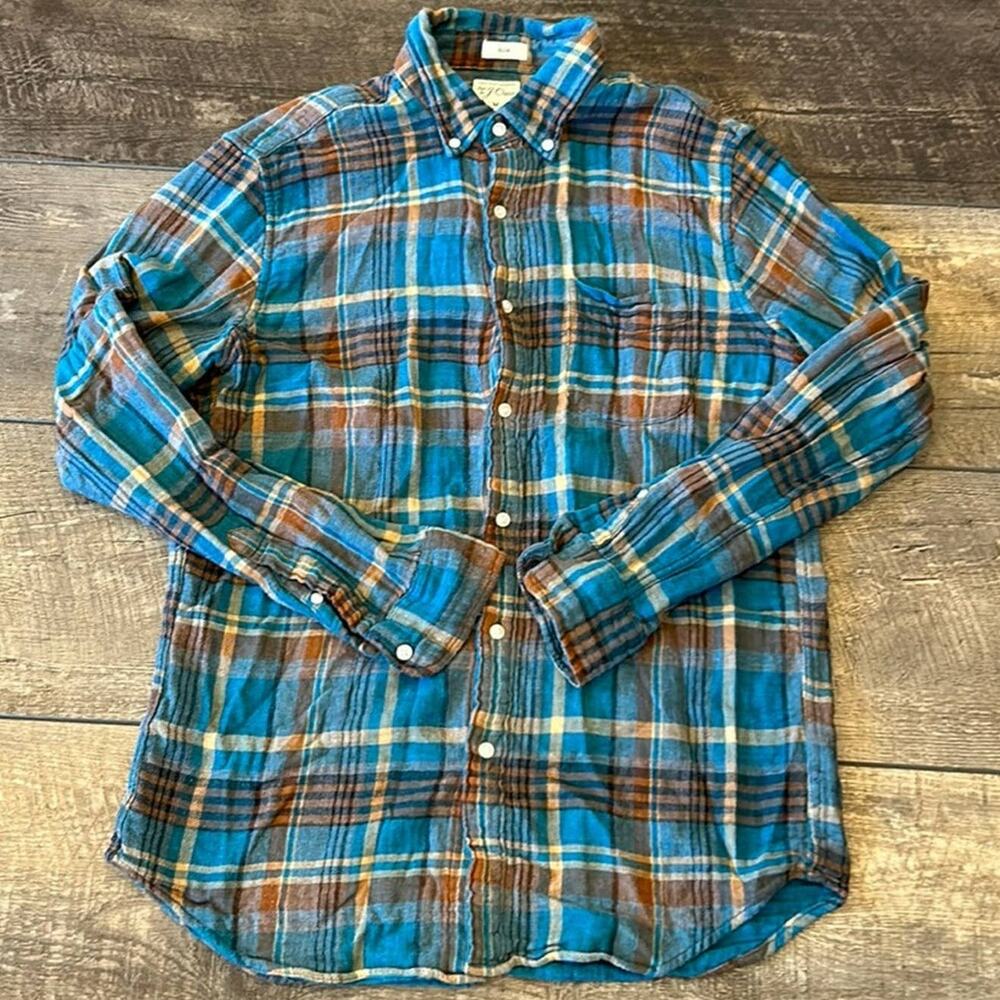 J. Crew Men's Slim Teal Brown Plaid Button Down Shirt Size M